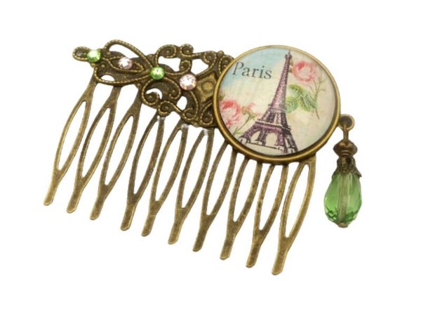 Haarkamm mit Eiffelturm Motiv rosa grün bronze Paris Haarschmuck Mädchen