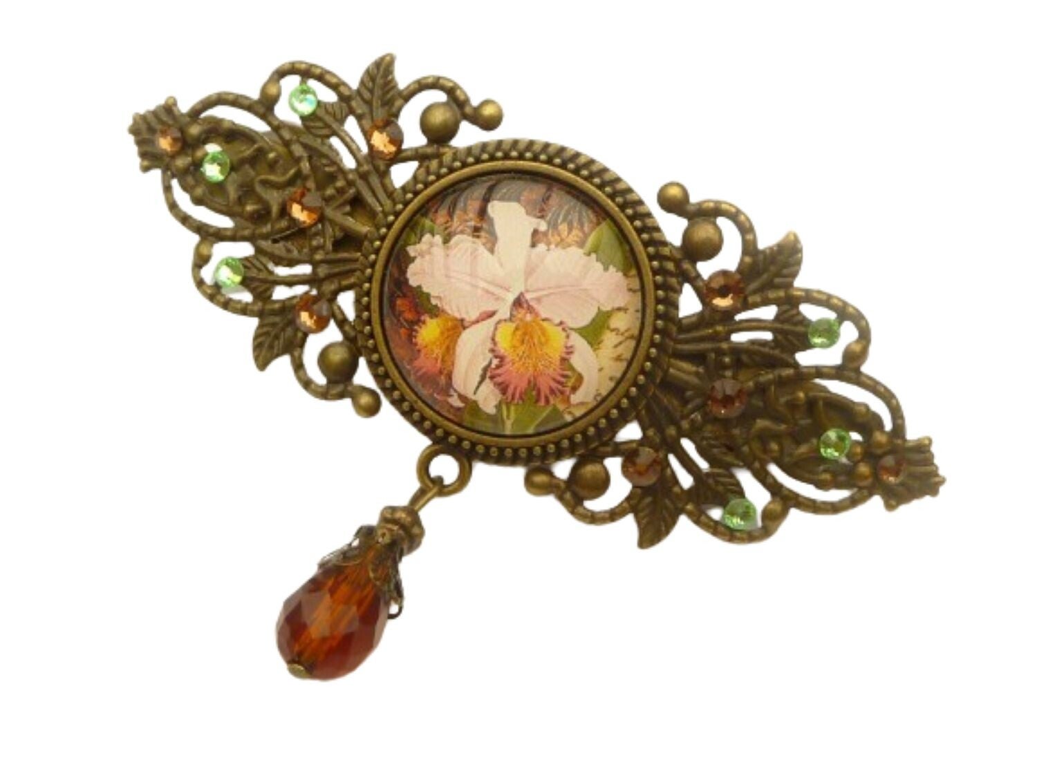 Edle Haarspange mit Orchidee Motiv grün braun bronze Jugendstil Design