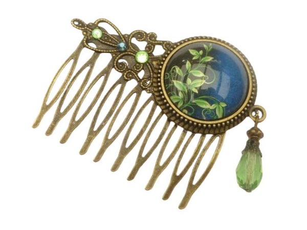 Sommerlicher Haarkamm mit Blatt Motiv dunkelblau grün bronze Braut