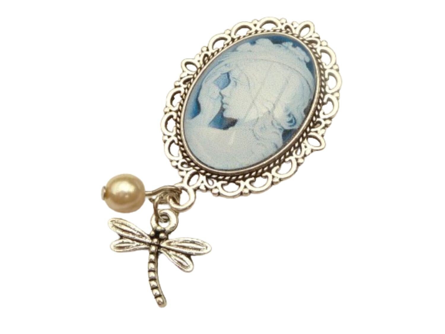 Edle Brosche mit Mädchen Motiv blau silberfarben Libelle Schmuck