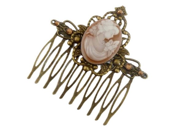 Nostalgischer Unikat Haarkamm mit Kamee braun bronzefarben vintage Braut