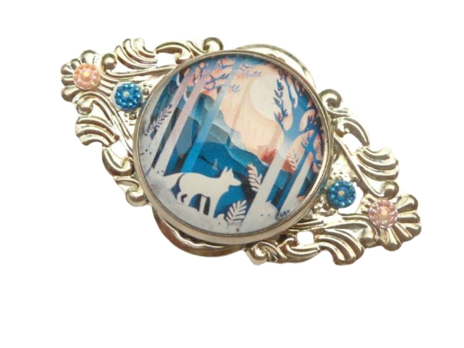 Edle Brosche mit Wald und Fuchs Motiv blau silberfarben Dekolletéschmuck