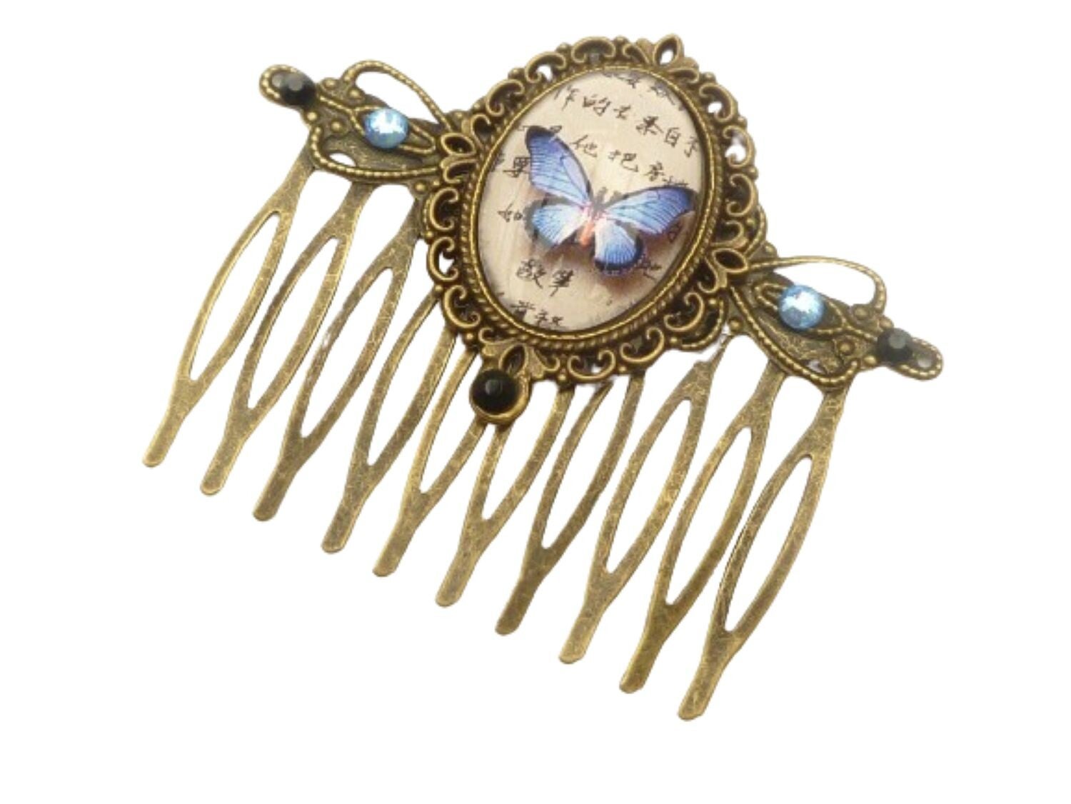 Sommerlicher Haarkamm mit Schmetterling Motiv blau bronzefarben