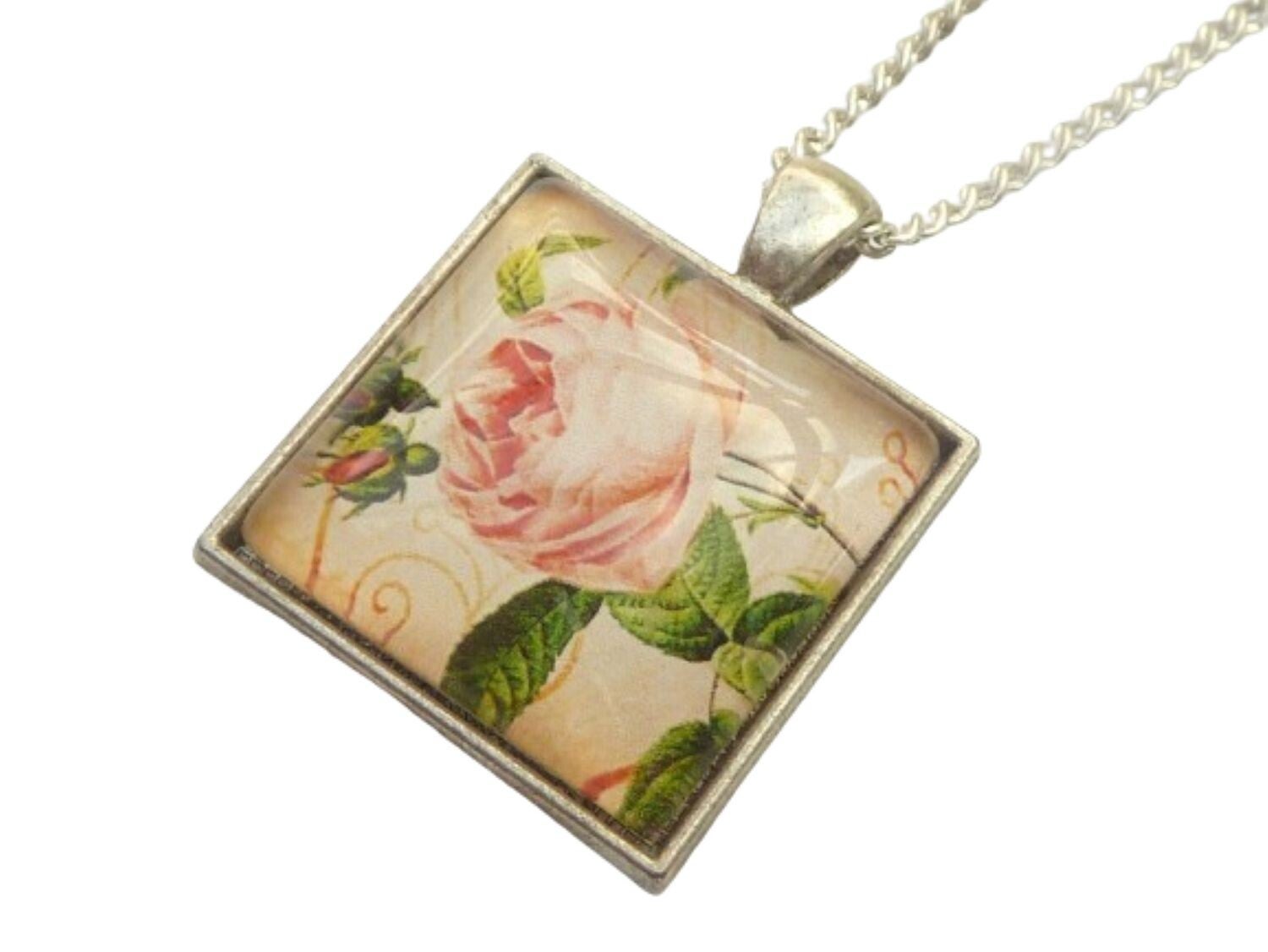 Eckige Unikat Halskette mit Rose Motiv türkis-grün silberfarben Mädchen