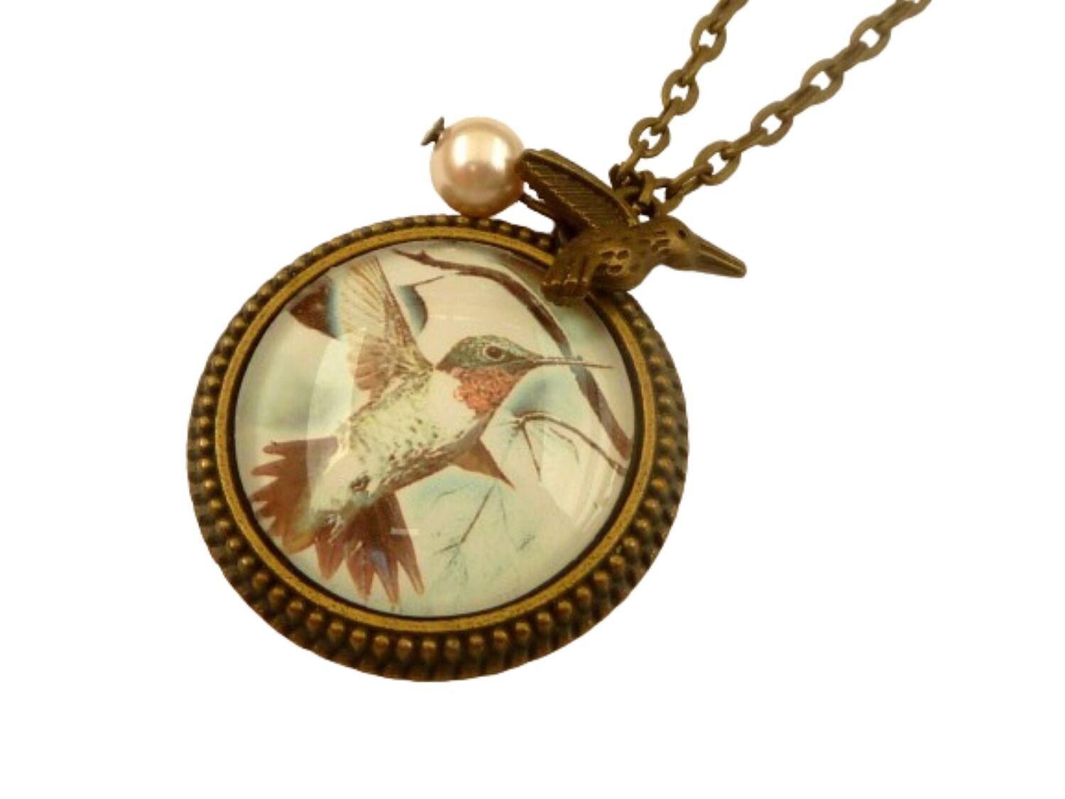 Elegante Halskette mit Kolibri Motiv blau bronzefarben  Geschenkidee Frau