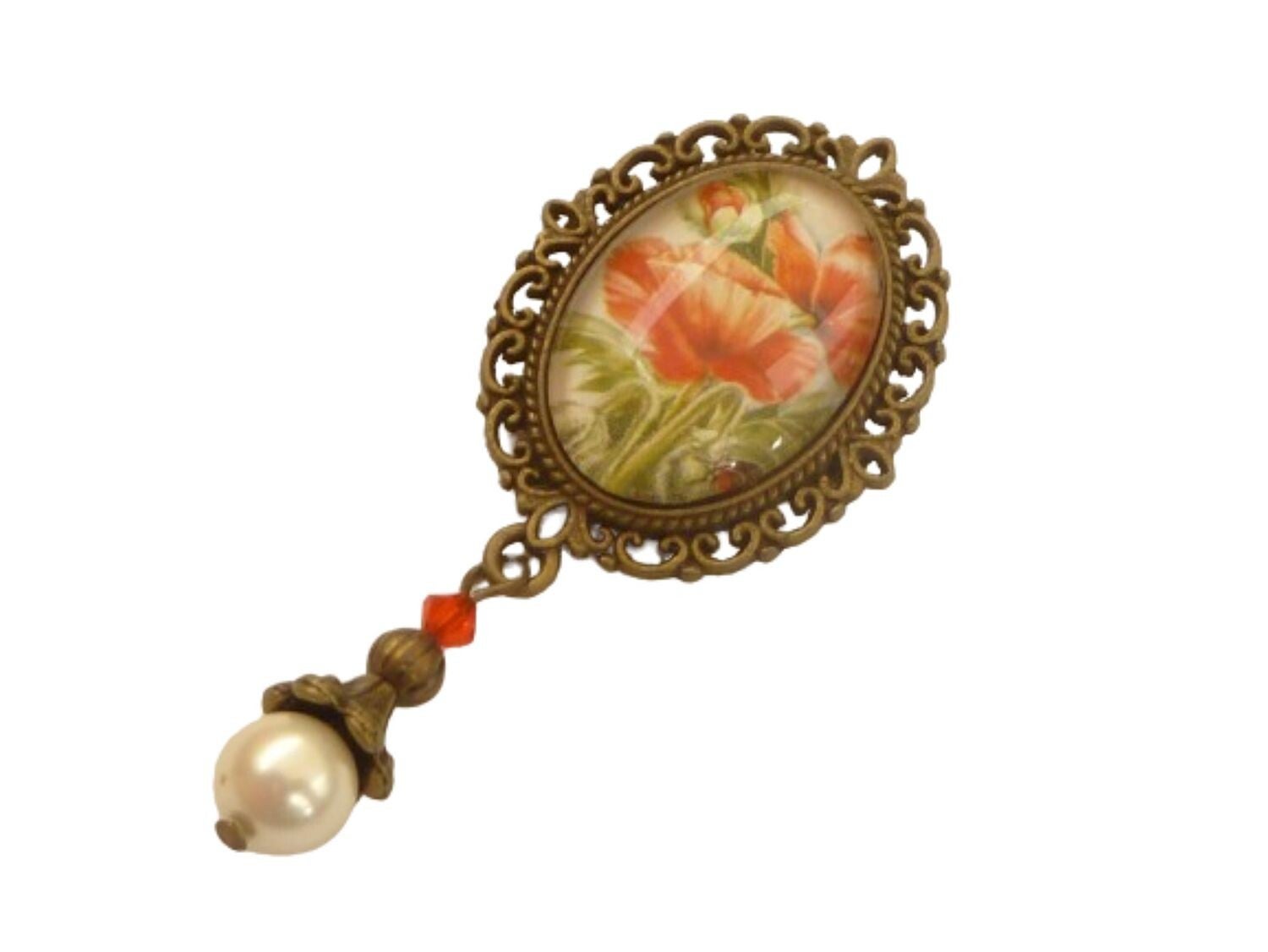 Florale Brosche mit Mohnblüten Motiv mit Muschelkernperle rot bronzefarben