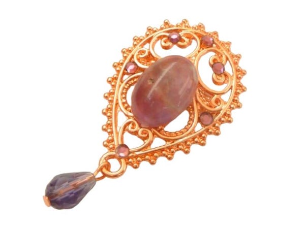 Edle Edelstein Brosche Unikat mit Amethyst Cabochon lila rotgoldfarben