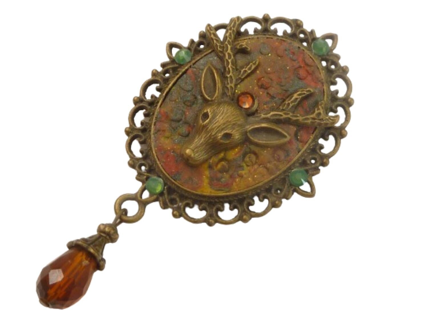 Große Hirsch Brosche braun grün bronze Modelliermasse Unikat Schmuck