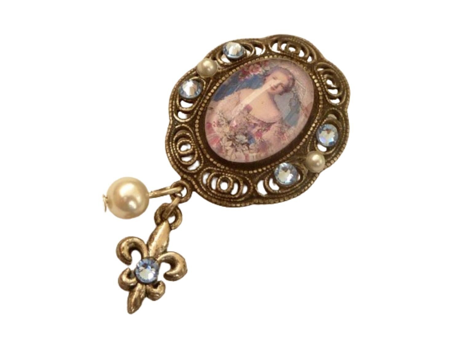 Edle Brosche mit Rokoko Dame blau antiksilber Unikat Schmuck