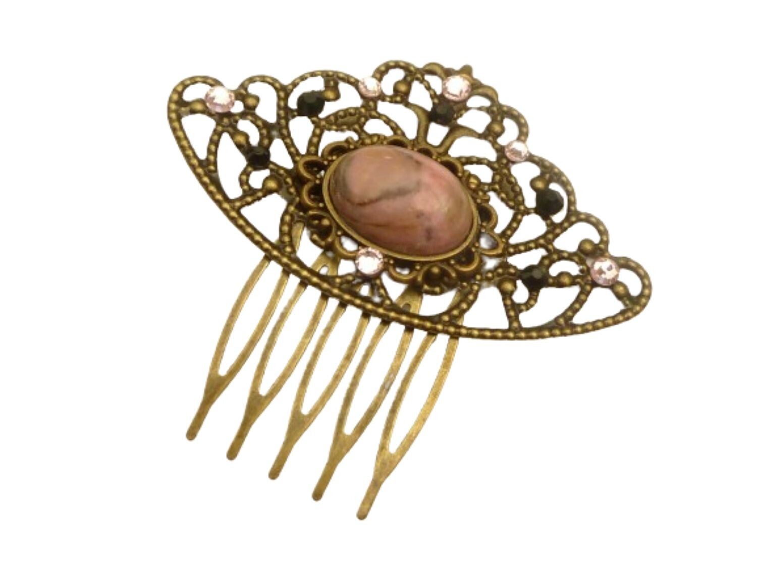 Edelstein Haarkamm Cabochon rosa bronzefarben Hochsteckfrisur Haarschmuck vintage Braut Hochzeit