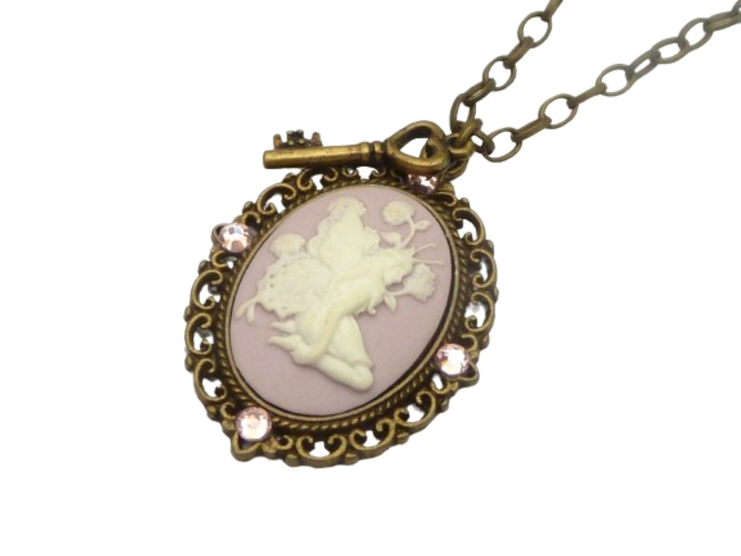 Nostalgische Kamee Halskette mit Elfe Motiv rosa bronzefarben Fantasy Märchen
