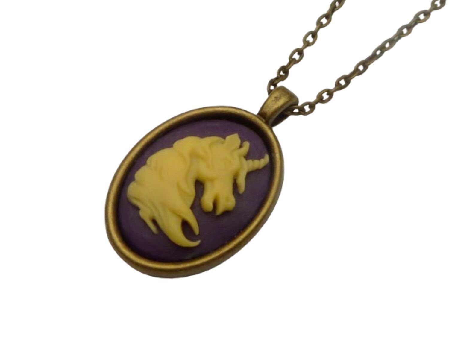 Fantasy Halskette mit Einhorn Kamee lila creme bronzefarben Märchen Schmuck Unikat