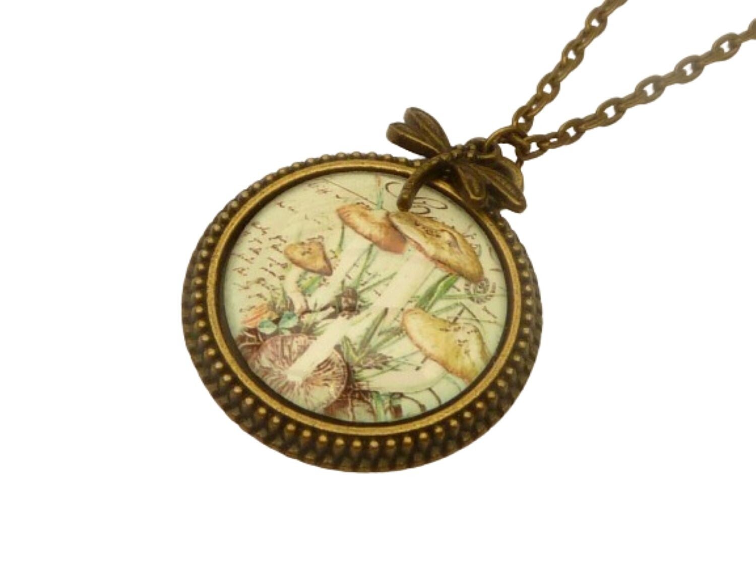 Halskette mit herbstlichem Pilz Motiv bronzefarben Libelle Charm Geschenkidee
