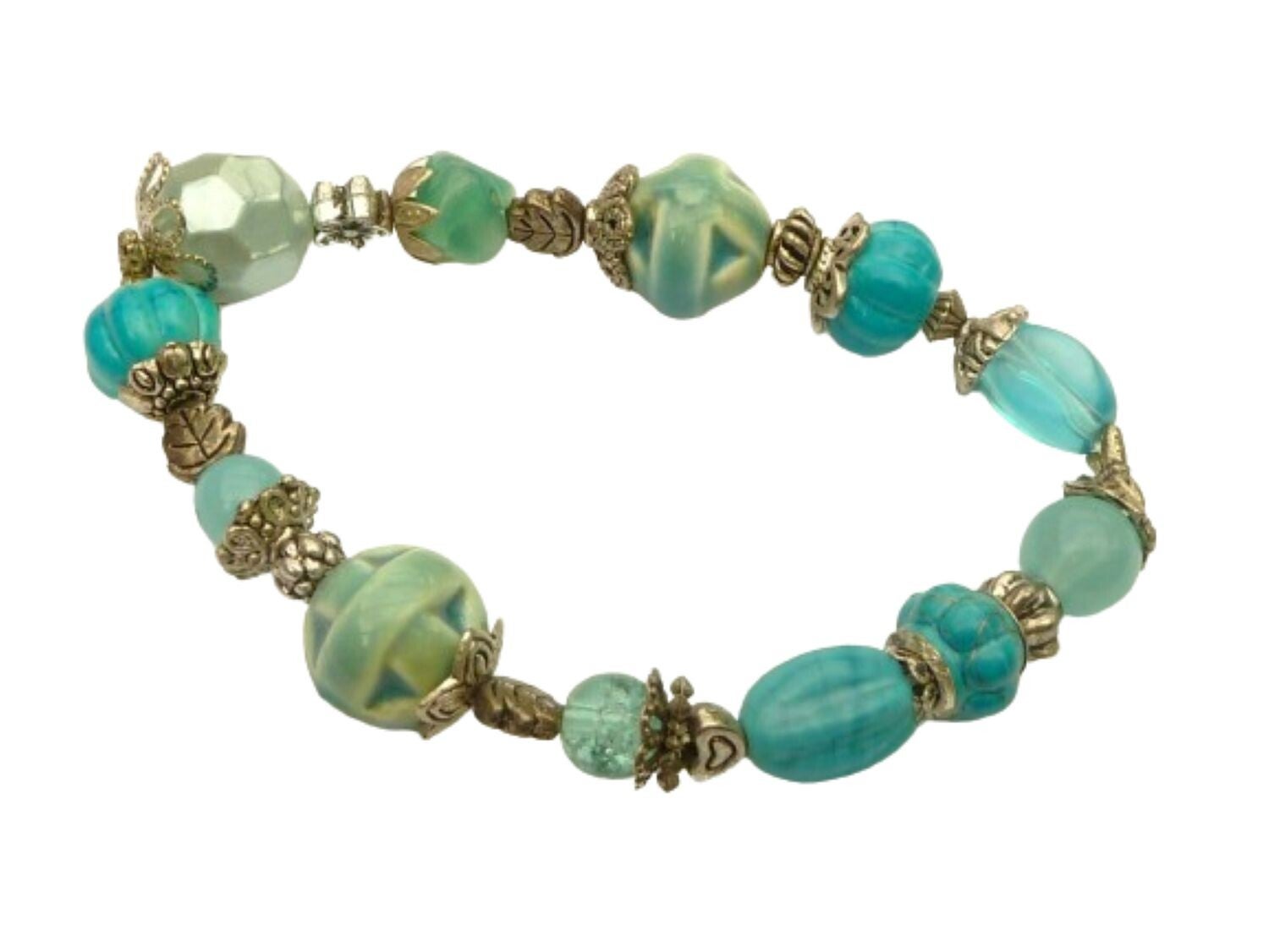 Armband mit Glasperlen und Porzellanperlen türkis silberfarben mit starkem Elastikband