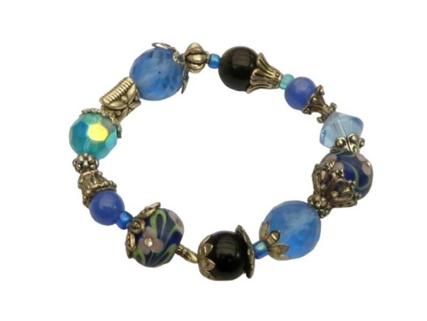 Armband mit Glasperlen in blau silberfarben mit starkem Elastikband