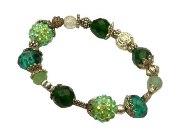Armband mit Glasperlen und Strassperlen in grün silberfarben mit starkem Elastikband