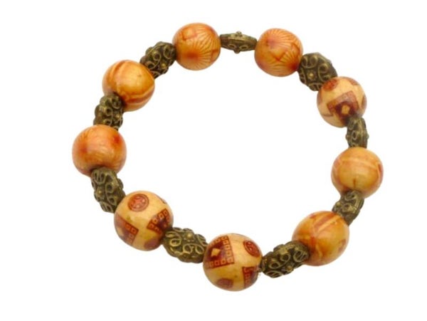 Armband mit Holzperlen und Metallperle in bronzefarben mit starkem Elastikband