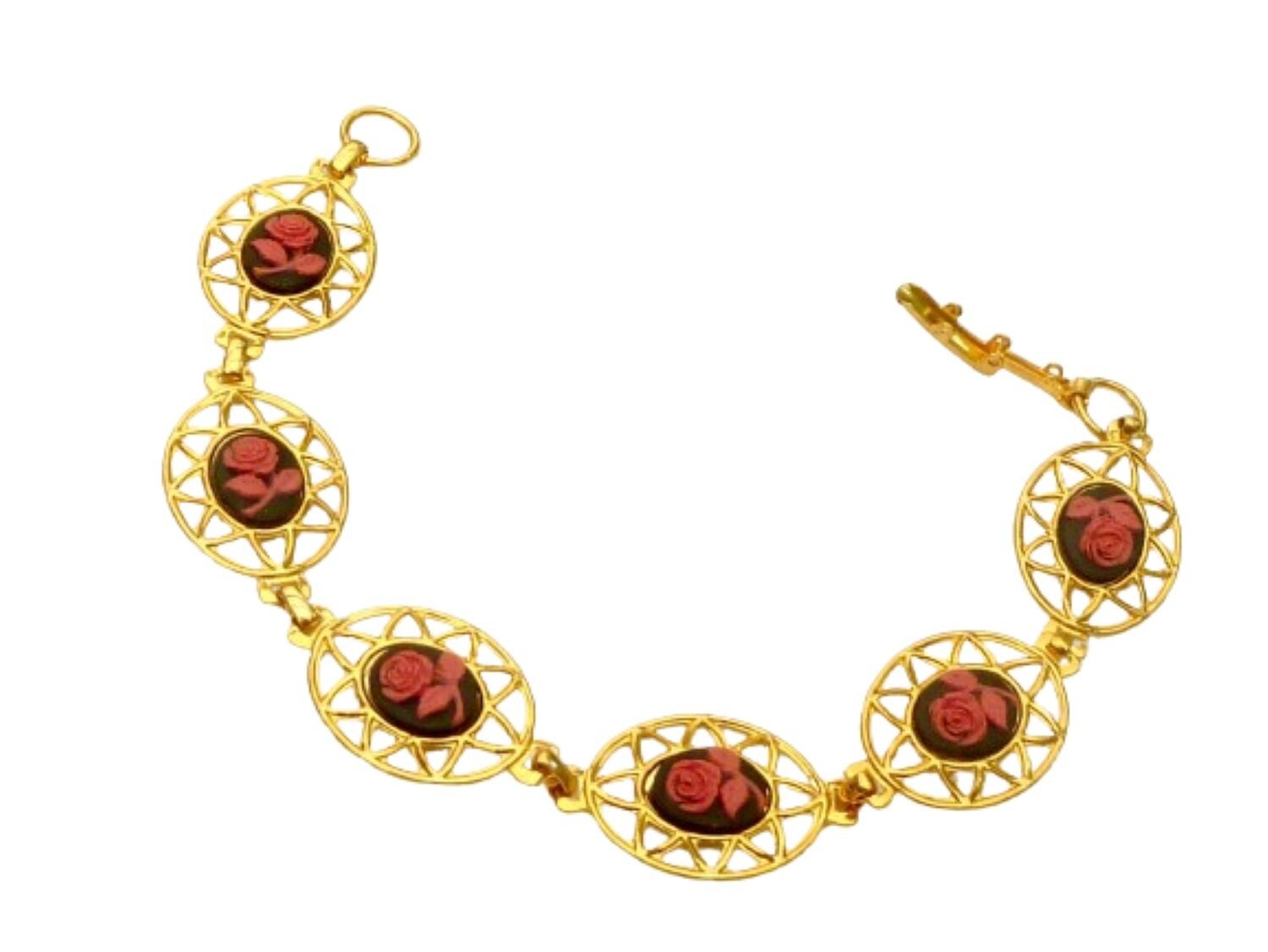 Edles Gliederarmband goldfarben mit Rosen Kameen in rot schwarz Unikat