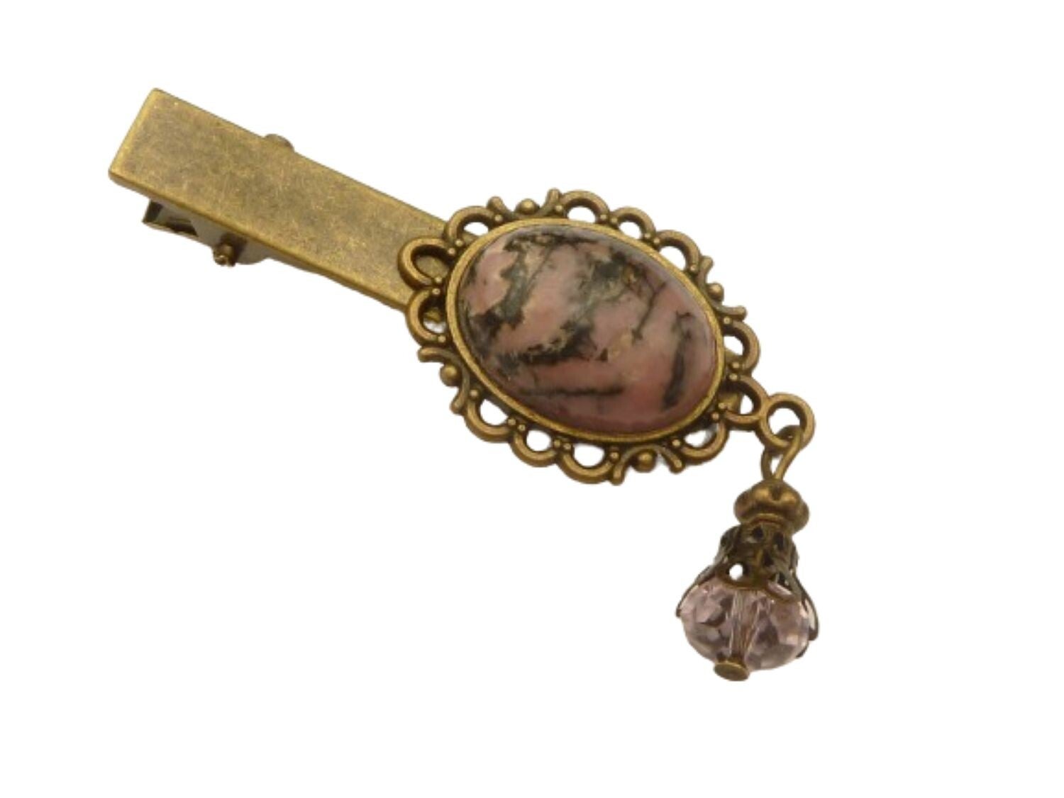 Kleiner Haarclip mit Edelstein Cabochon rosa bronzefarben Ponyfrisur Haarschmuck