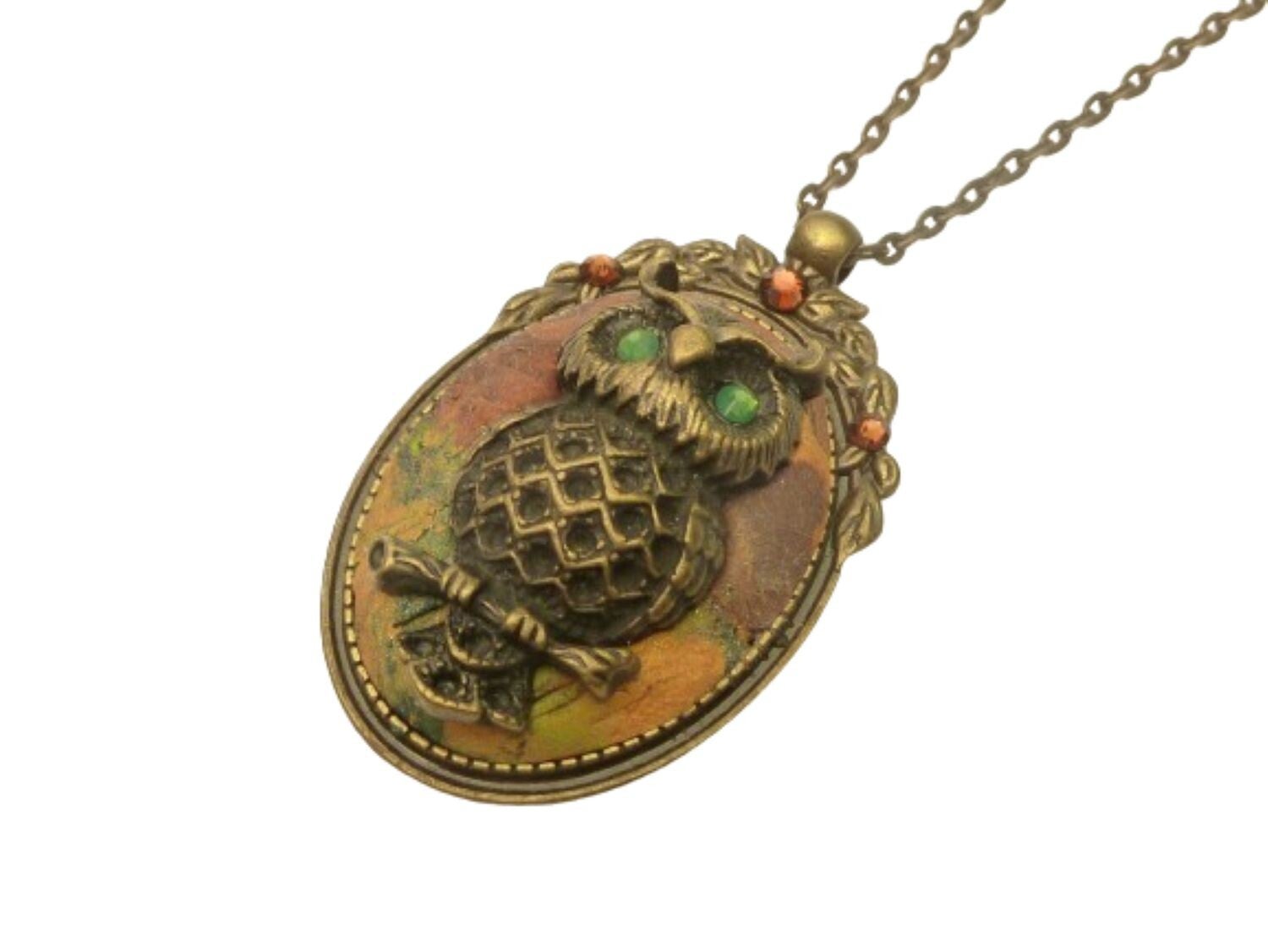 Große Halskette mit Eule, Modelliermasse Schmuck, braun grün farben, Wald Tiere Schmuck