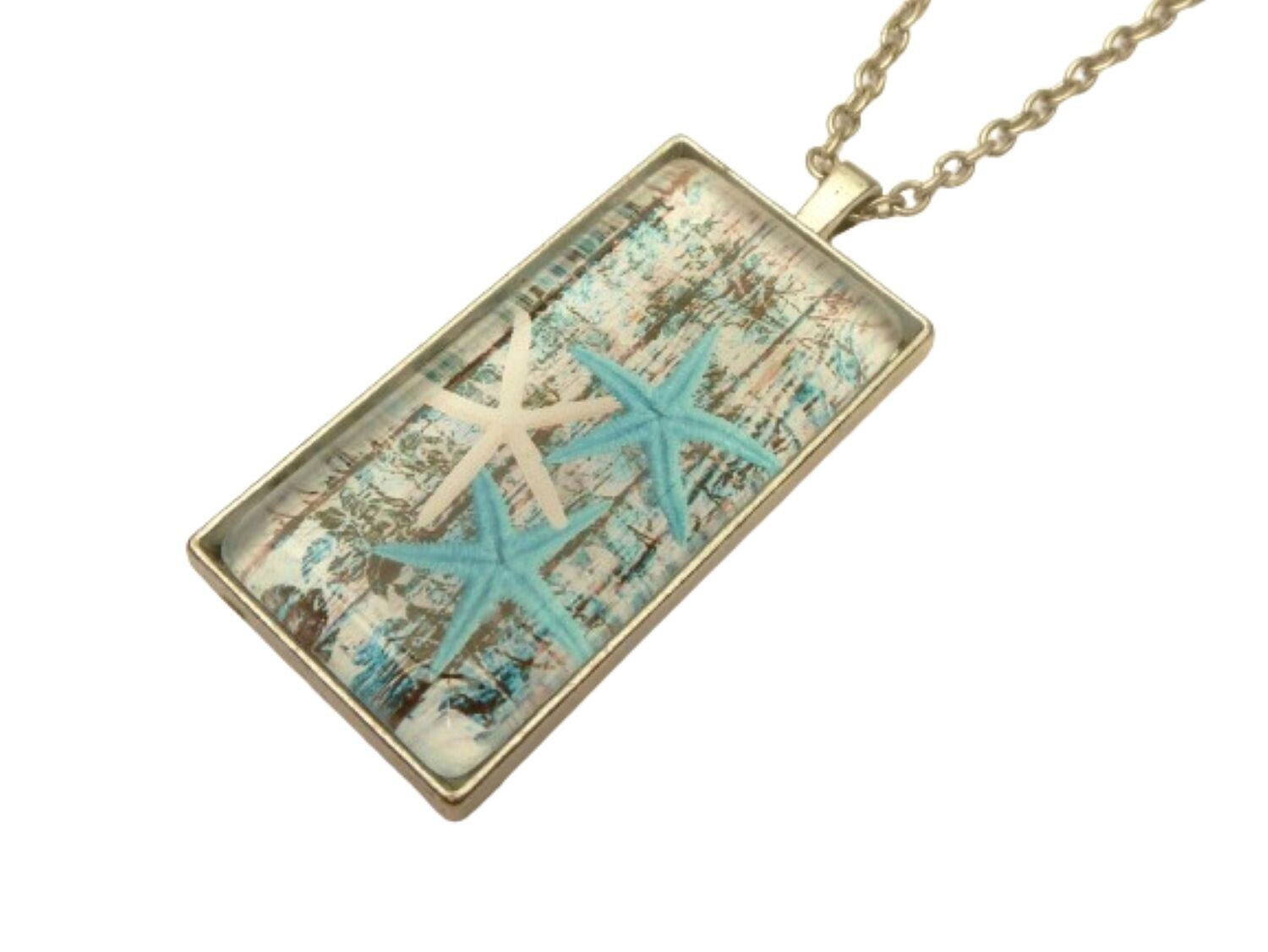 Große rechteckige Halskette mit Seestern Motiv, maritimer Schmuck,