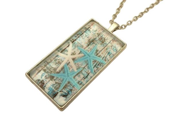 Große rechteckige Halskette mit Seestern Motiv, maritimer Schmuck,