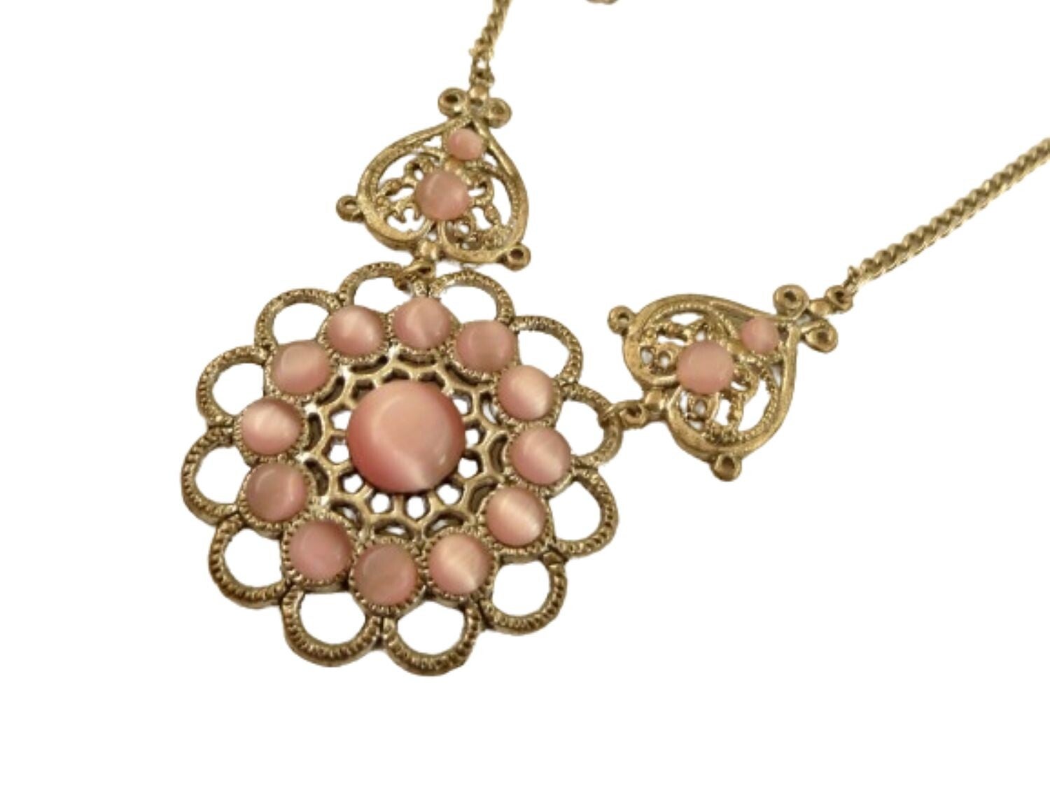 Großes Collier mit Katzenauge Cabochons, rosa antiksilber Halskette