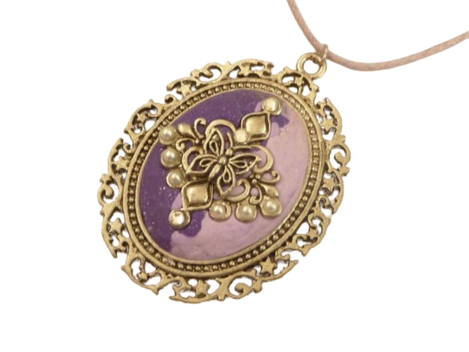 Große Halskette lila silberfarben, Ornament Schmuck, Statement Halskette,