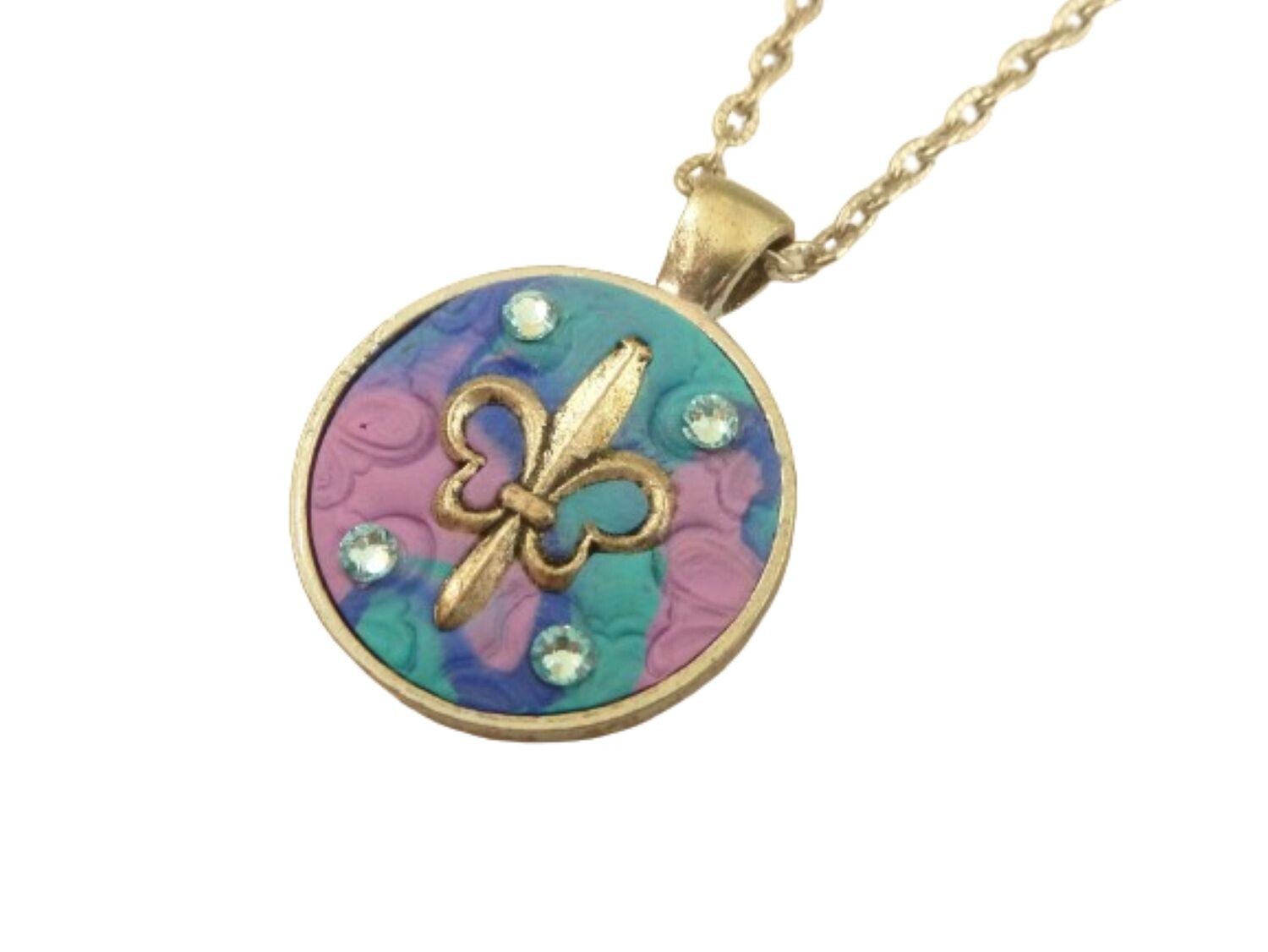 Halskette mit Fleur de Lis Motiv, türkis violet silberfarben, Sommer Accessoire