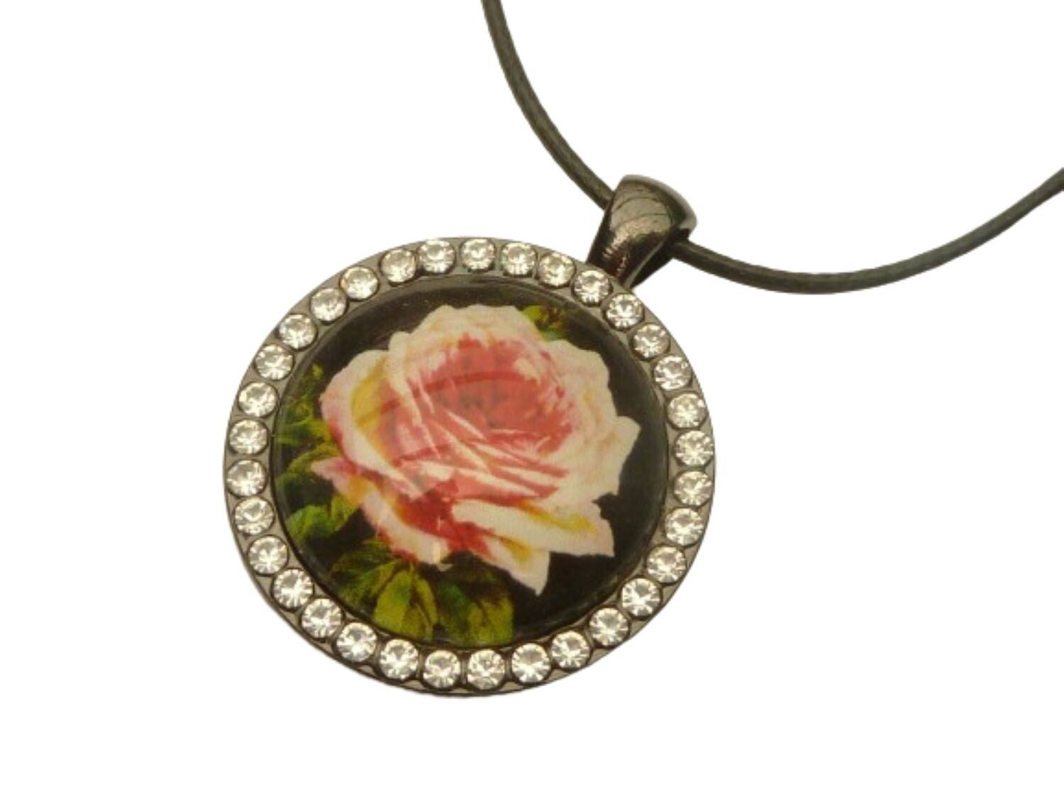 Runde Halskette mit Rose Motiv und Strasskranz, Trend Schmuck