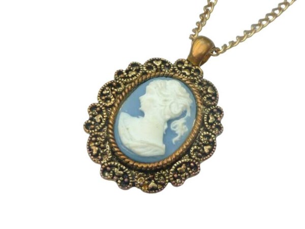 Halskette im Antik Stil, Kamee Halskette in blau kupfer-gold, barock rokoko Schmuck