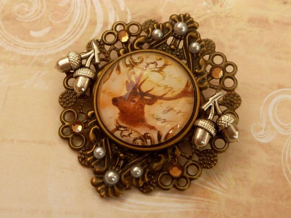 Große Brosche mit Hirsch Motiv, braun bronze, Schmuck für Jägerinnen, Geschenkidee, Wald Tiere