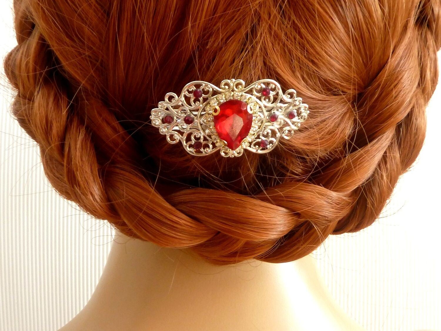 Kleine Haarspange mit roter Glastropfenperle, silber Haarschmuck, Braut Haar Accessoire