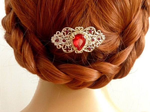 Kleine Haarspange mit roter Glastropfenperle, silber Haarschmuck, Braut Haar Accessoire