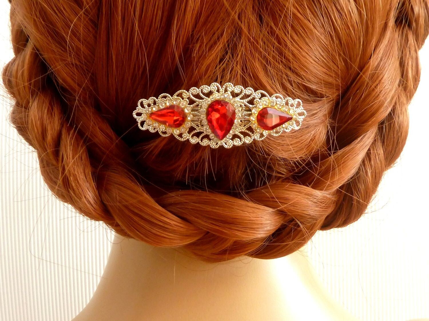 Elegante Haarspange mit drei Glastropfenperlen in rot silber, Braut Hochzeit Haarschmuck