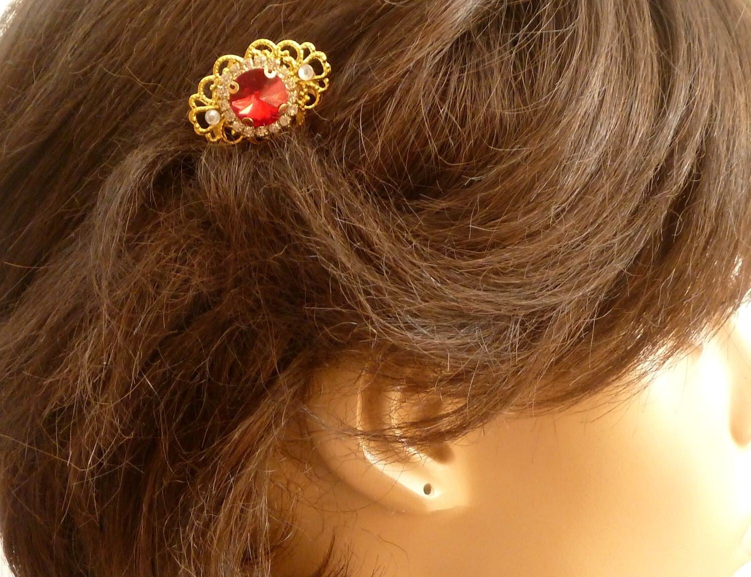 Kleiner Haarkamm mit Glasjuwel rot goldfarben, Strass Haarschmuck, Braut Hochzeit