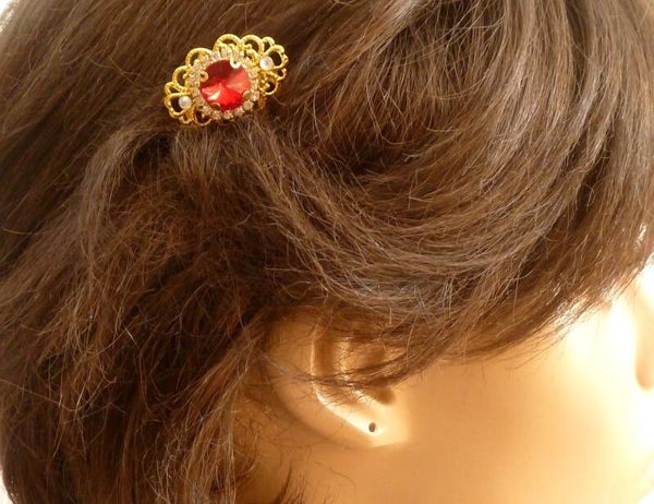 Kleiner Haarkamm mit Glasjuwel rot goldfarben, Strass Haarschmuck, Braut Hochzeit