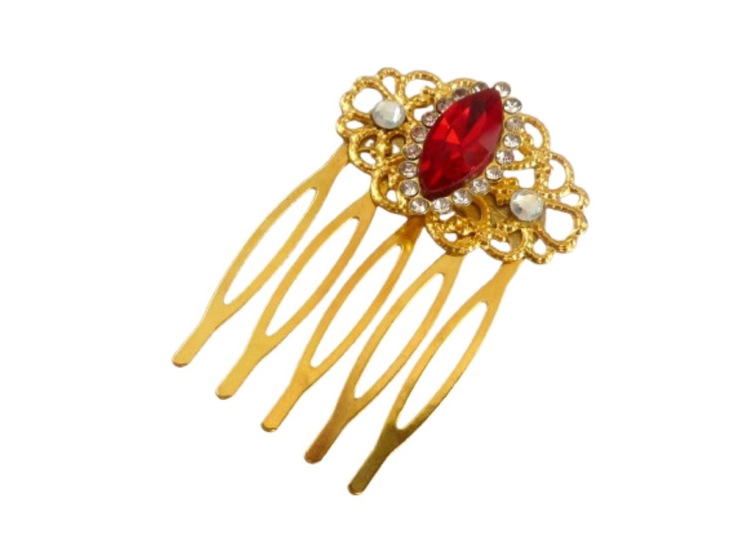 Kleiner Haarkamm mit Glasjuwel navette rot goldfarben, Strass Haarschmuck, Braut Hochzeit
