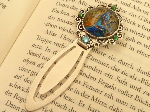 Edles Lesezeichen mit Pfau Motiv silberfarben, Jugendstil Design, Geschenkidee für sie