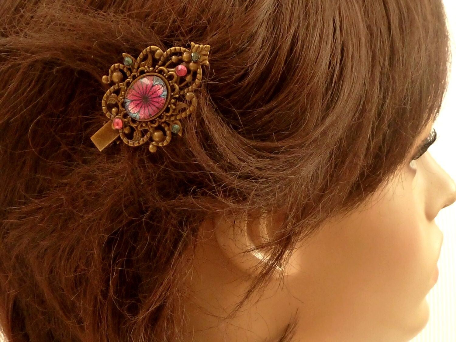Edler Haarclip pink bronze verschnörkelt, modernes Blumen Design, Taschenschmuck