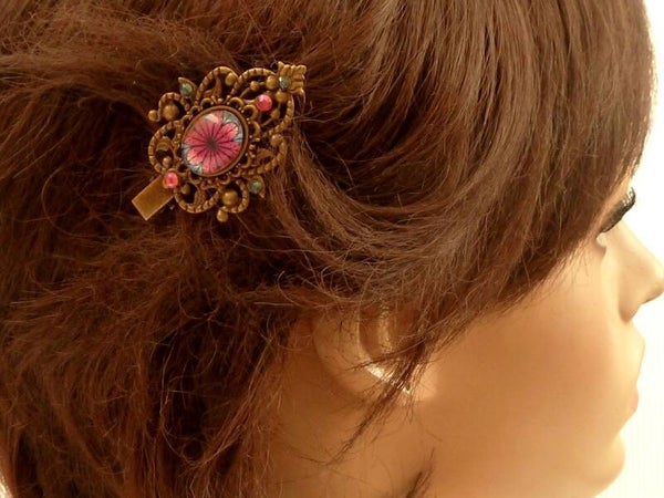 Edler Haarclip pink bronze verschnörkelt, modernes Blumen Design, Taschenschmuck