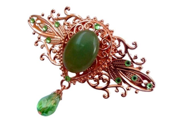 Festliche Edelstein Haarspange mit Aventurin, grün rotgoldfarben, Braut Hochzeit