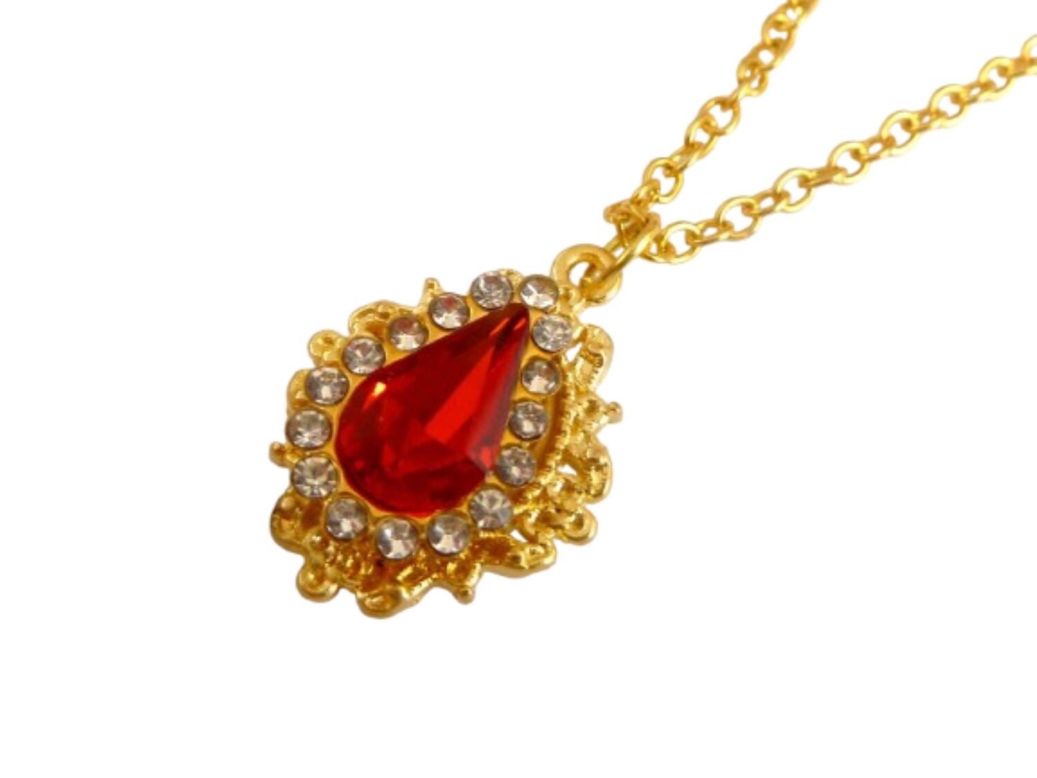 Funkelnde Halskette mit Glastropfenperle rot goldfarben, festlicher Schmuck,
