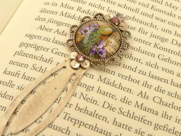 Lesezeichen Im Vintage Stil mit Pfau Cabochon silberfarben, Geschenk für sie,