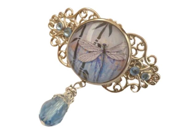 Kleine Haarspange mit Libelle Motiv blau silberfarben, Zopf Haarschmuck