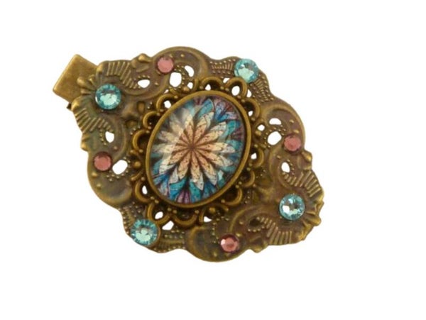 Kleiner Haarclip mit modernem Blüten Motiv, blau lila bronzefarben, Taschen Clip, Schal Clip