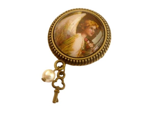 Weihnachtliche Brosche mit edlem Engel Motiv, weiß bronzefarben, Advent Schmuck