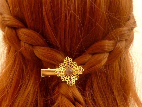 Edelstein Haarclip mit Amethyst Cabochon, lila goldfarben, Reversschmuck,