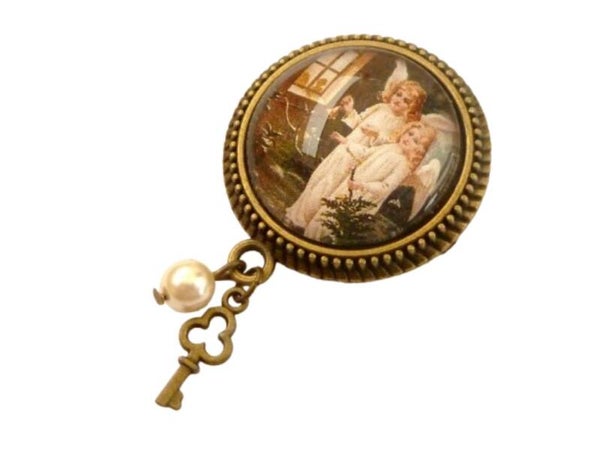 Edle Brosche mit Engel Motiv, grün weiß bronzefarben,