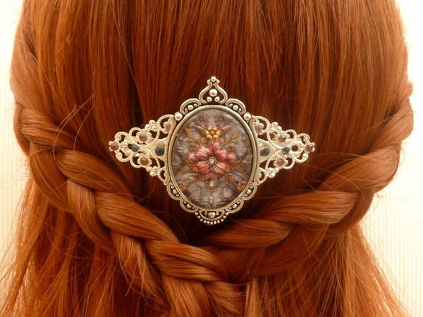 Große Haarspange mit schönem Blüten Muster rosa blau silberfarben
